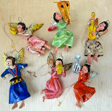 6 Vintage Mexican Folk Art Guerrero Angels Playing Instruments Ornaments Rare picture