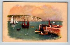 The jetty, Swanage - Boat scene artist signed UK postcard picture