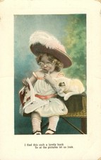 Cat & Little Girl in Glasses 'Lovely Book' Postcard Antique 1909 picture