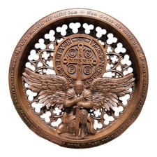 St Benedict Wooden Icon Wall Art Hand Carved Oak Christian Protection Plaque picture