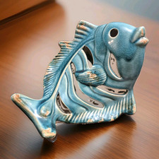 Turquoise Blue Glossy Ceramic Fish Figure w/Rusty Accents and Vented Sides picture