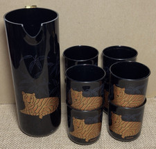 Vtg 70s CULVER Pitcher Cups Set Gold Tigers Encounters Black Acrylic Rock Glass picture