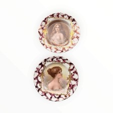 Pair Antique Victoria Carlsbad Austria Portrait Cabinet Plates Gold Gilt Women picture