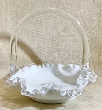 FENTON white Spanish lace silver crest ruffle edge 7 inch glass basket picture