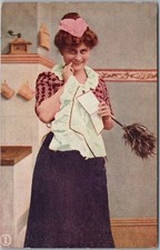 c1910s Pretty Lady Comic Postcard Young Woman / Maid's Costume / Feather Duster picture