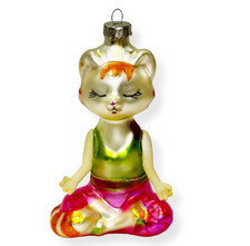 Yoga Cat Glass Ornament Handmade Meditating Cat Christmas Tree Decoration 4.4