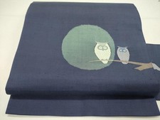 Heiwaya Kimono Obi 9-inch Nagoya Pongee Silk Sukui-ori Owl Unused picture