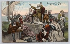 Vintage 1914 Plymouth MA Postcard Departure of the Pilgrims Historic picture