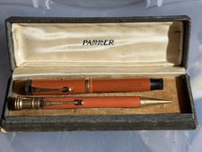 Vintage Parker Lady Duofold Lucky Curve Fountain Pen & Pencil Set Big Red Boxed picture
