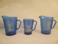 Vintage 1930's Hazel Atlas Shirley Temple Blue Glass Creamer Pitcher Set of 3 picture