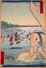 Antique Japanese Woodblock Print by Ikkei Shosai - Shellfish Gathering c.1871 picture