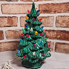 Vintage Holland Mold Ceramic Christmas Tree 11.5” Lighted Green Multi-Color MCM picture