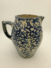 Antique 19thC Blue and White Spongeware Stoneware Pitcher 8