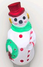 4ft Vintage Illuminated Blow Mold Snowman Yard Decoration w/ Wreath, Candy Cane picture