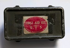 Vintage USGI Vietnam Era First Aid Kit - OD Green in Metal Container with Snaps picture