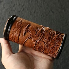Vintage Old Bamboo Tea Caddy 5.8x13cm Hand Carved Fisherman Storage Jar picture