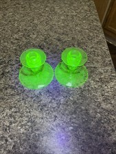 Vintage 2pc Uranium Glass Green Candle Holders Grape Vine Etching Depression picture