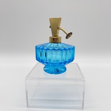 Vintage Blue Art Glass Perfume Bottle Gold Tone Atomizer Ribbed Faceted Vanity picture