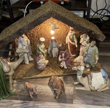 Large Vintage Nativity Set with Fabric Wood & Ceramic 15” X 24” - handpainted picture