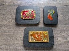 Lot of 3 Vintage Cre Art S.A Mexico Wall Art Plaques Enamel On Brass Wood NICE picture
