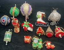 Vintage 14 Christmas Beaded Push Pin Ornaments Handmade Sequins MCM Balls Skate picture