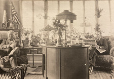 Antique 1910s Men Dog Reading Newspaper Smoking USA Flag Lamp Decor Photo P11z11 picture