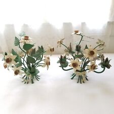 Vintage Pair Of Toleware Candlestick Candle Holder Daffodils Flower Italy Metal picture