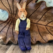 Vintage Hubao Bunny Hand Made Easter Posable Body Wooden Rabbit Overalls 11” picture
