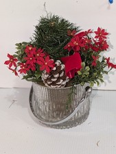 Vintage Glass Ice Bucket Christmas Floral Arrangement Faux Poinsettia Pinecone picture