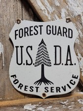 VINTAGE US FOREST SERVICE PORCELAIN SIGN OLD USDA FOREST GUARD SHIELD PARK CABIN picture