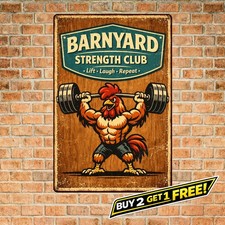 Quirky Rooster Lifting Weights Metal Tin Sign Funny Gym Wall Art 8x12 picture
