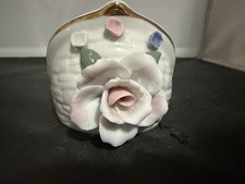 Vintage Porcelain Basket Vase Planter Applied Flowers Rose Gold Trim Floral picture