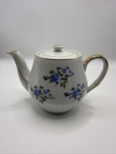 Vintage Porcelain Teapot Blue Roses Floral Gold Trim White China Unmarked picture