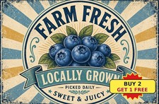 Blueberry Farm Fresh Sweet Juicy Fruit Orchard Kitchen Metal Tin Sign Decor picture
