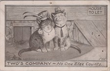 1910 Antique Humorous illustration of two dressed cats beside a House Postcard picture