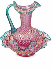 Fenton Iridized Dusty Rose C3360 Hobnail Pitcher & C3938 Bowl Set w/ Teal Crest picture