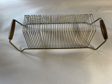 Vintage Metal Gold Wire 40 Slot Record Rack Vinyl Records Wood Handles. MCM 60s picture