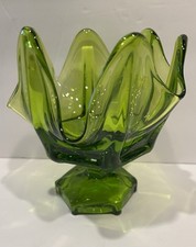 5.5” Vintage VIKING GREEN SWUNG Glass CANDY DISH With HEXAGON PEDESTAL BASE picture