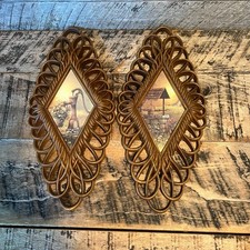 Pair Diamond Shaped Plastic Wall Decor Brown Frames Country Scene Prints picture
