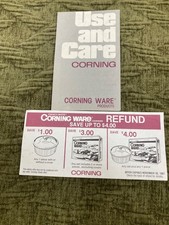VTG CORNING WARE PRODUCTS USE AND CARE TRI-FOLD BROCHURE WITH REFUND COUPON 1986 picture