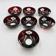 Set of 7 Hand Blown Bohemian Ruby Cut to Clear Glass Bowls Floral Wheat Bubbles picture