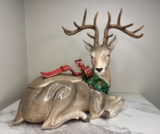 New w/o box Vintage Fitz & Floyd Holiday Leaves Resting Reindeer Cookie Jar-1994 picture