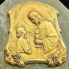 by Tairac France 1910´ old Jesus Christ, girl, communion Art Nouveau stand desk picture