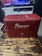VTG Antique 1950s Pleasure Chest PAL Smaller Cooler Red Metal Picnic W/ Tray picture