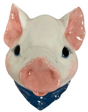 Vintage Ceramic 3D Pig Head Wall Pocket Planter Blue Bandana Signed Artist Mark  picture