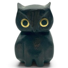 Vtg Hand Carved Wooden OWL Figurine Brass Eyes Mid Century Canadian Folk Art EUC picture