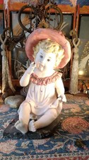 Vintage Bisque Porcelain Piano Baby Figurine Antique German Doll Shabby Chic picture