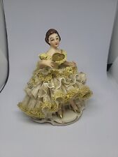 Dresden porcelain lace figurine Germany Stamped Antique Yellow Dress Mirror 5 in picture