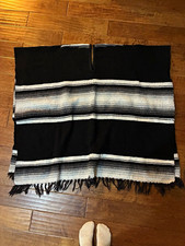 Mexican Serape Blanket Black & White Stripes with Fringe, NWOT picture