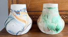 Vintage Nemadji Swirled Pottery Pots Short Vases x 2 Blues and Greens 4.75” picture